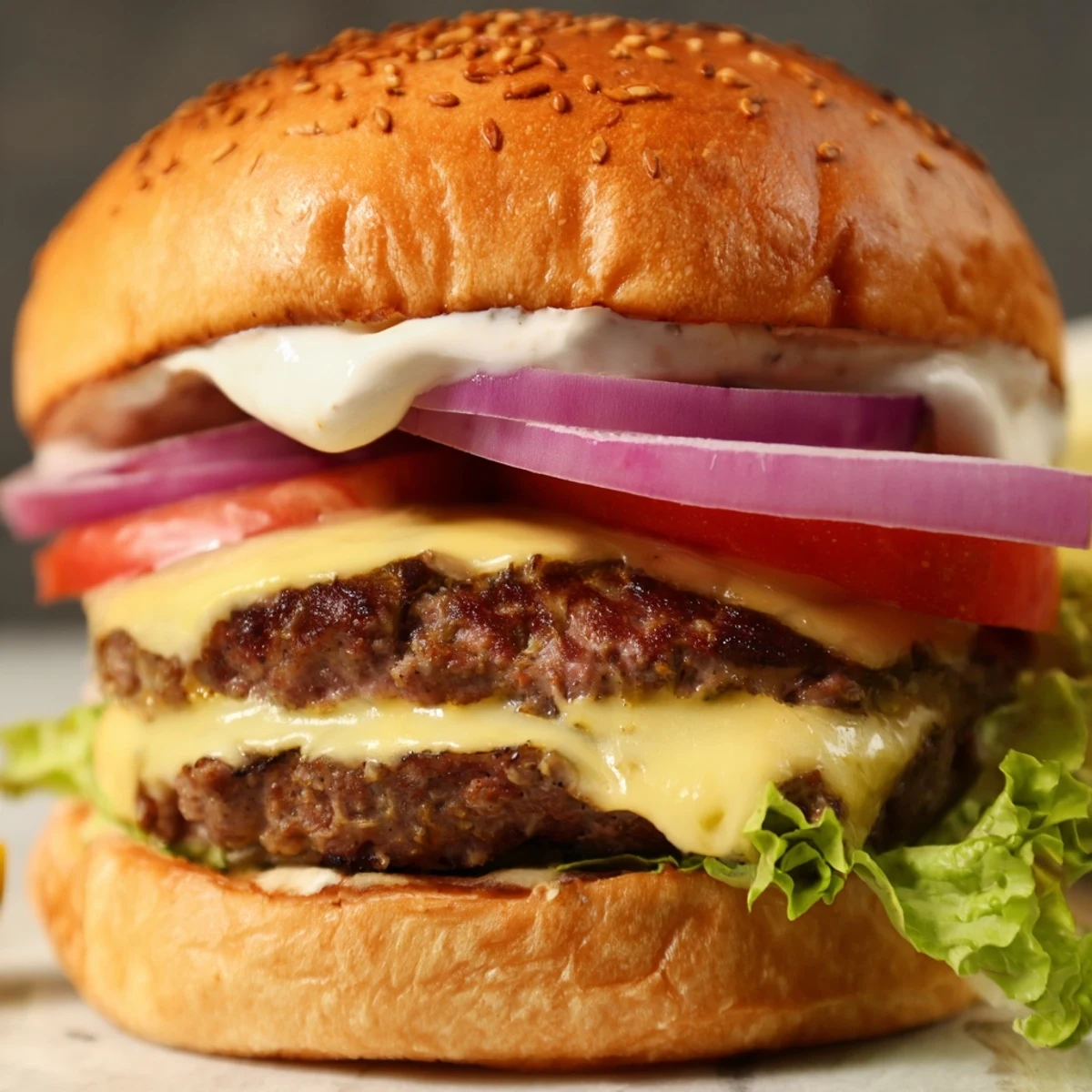 Golden smash burger with melted American cheese and crisp lettuce on toasted bun