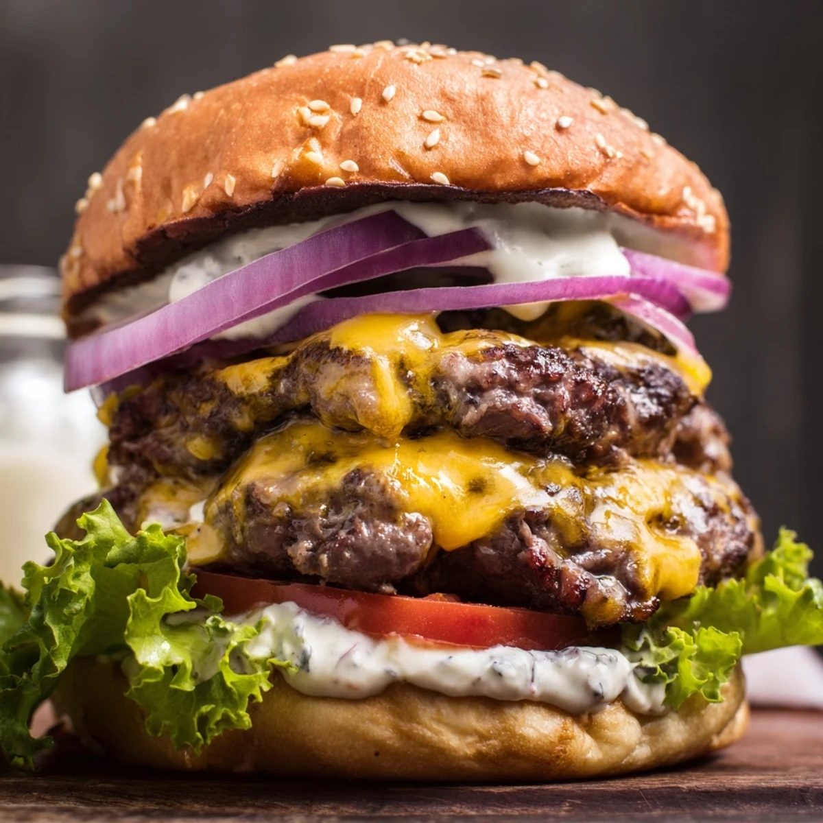 Juicy homemade smash burger topped with fresh tomato onion and tangy burger sauce