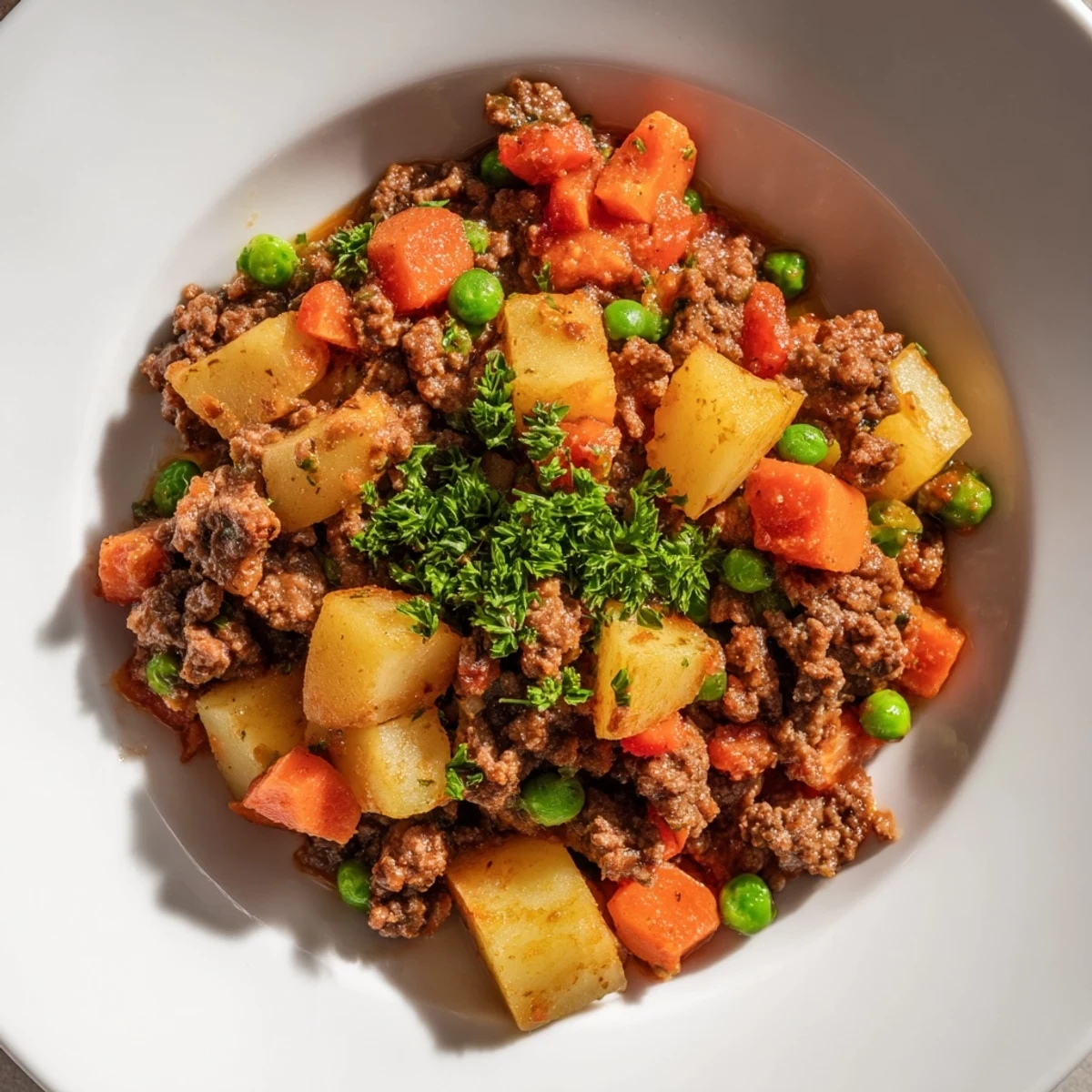 Golden skillet of One Pan Ground Beef and Potatoes loaded with tender vegetables and fresh parsley garnish