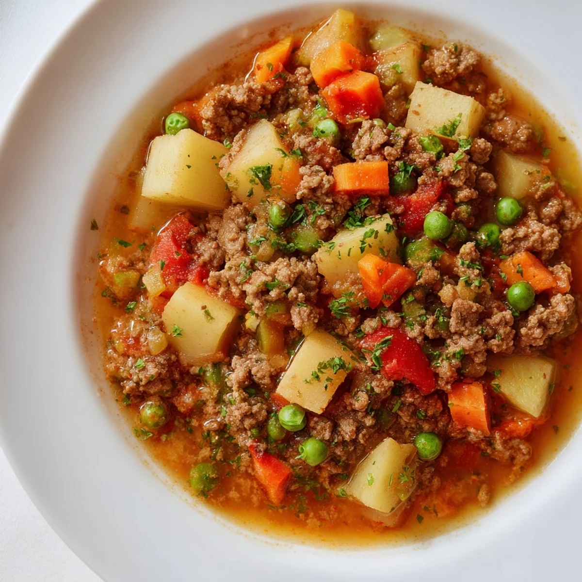 Comforting One Pan Ground Beef and Potatoes dinner steaming in a cast iron skillet with melted broth