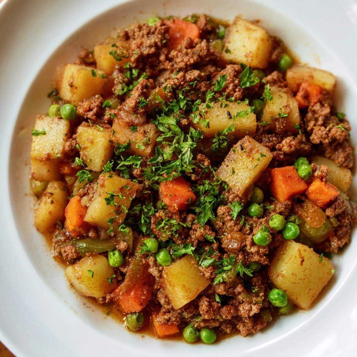 Hearty One Pan Ground Beef and Potatoes featuring savory beef cubes, russet potatoes, carrots, and colorful peppers