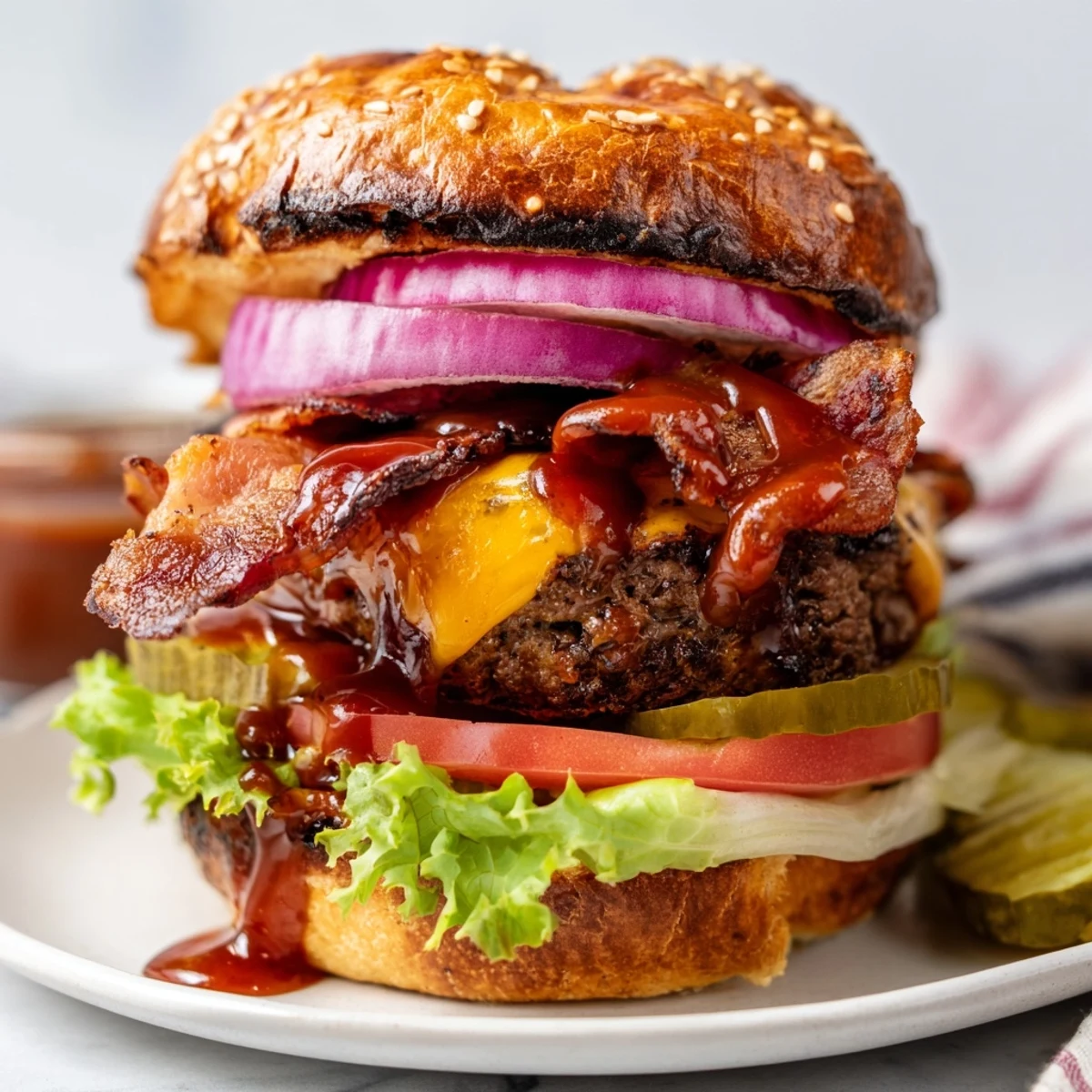 Juicy BBQ bacon burger stacked with melted cheddar, crisp lettuce, and ripe tomato slices on a toasted brioche bun