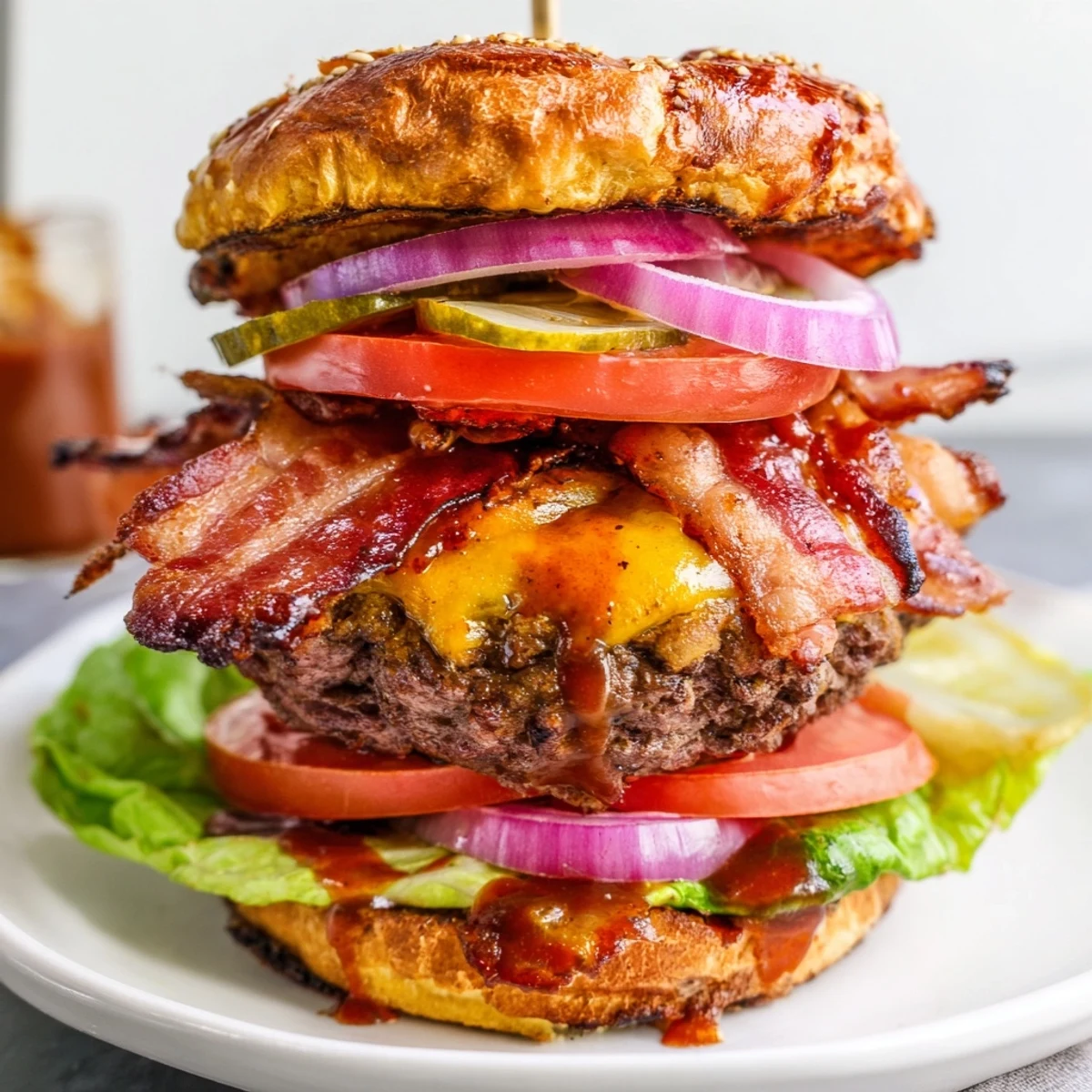 Homemade BBQ bacon burger oozing melted cheddar cheese with red onion and dill pickles on a golden sesame bun