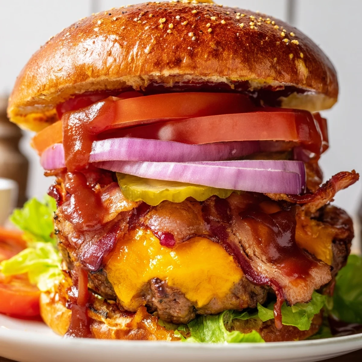 Hearty BBQ bacon burger featuring smoky patties topped with crispy bacon, tangy barbecue sauce, and fresh pickles
