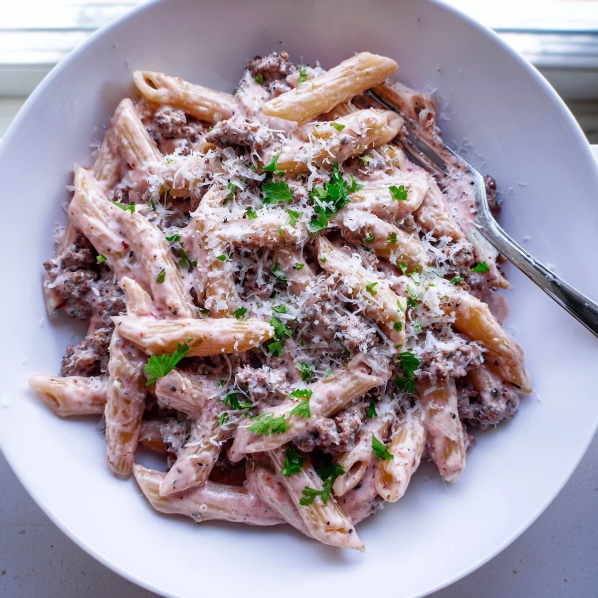 Creamy beef pasta featuring tender ground beef coated in rich white sauce with parmesan garnish