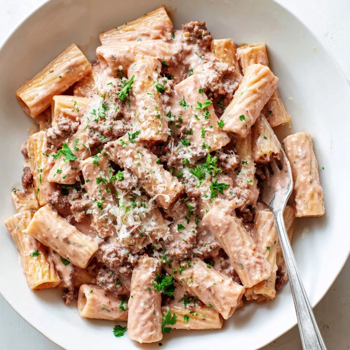 Al dente penne pasta tossed with savory ground beef in a velvety cream sauce on plate