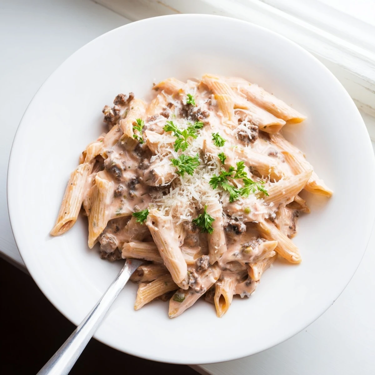 Serving of creamy beef pasta in a bowl topped with fresh parsley and extra cheese