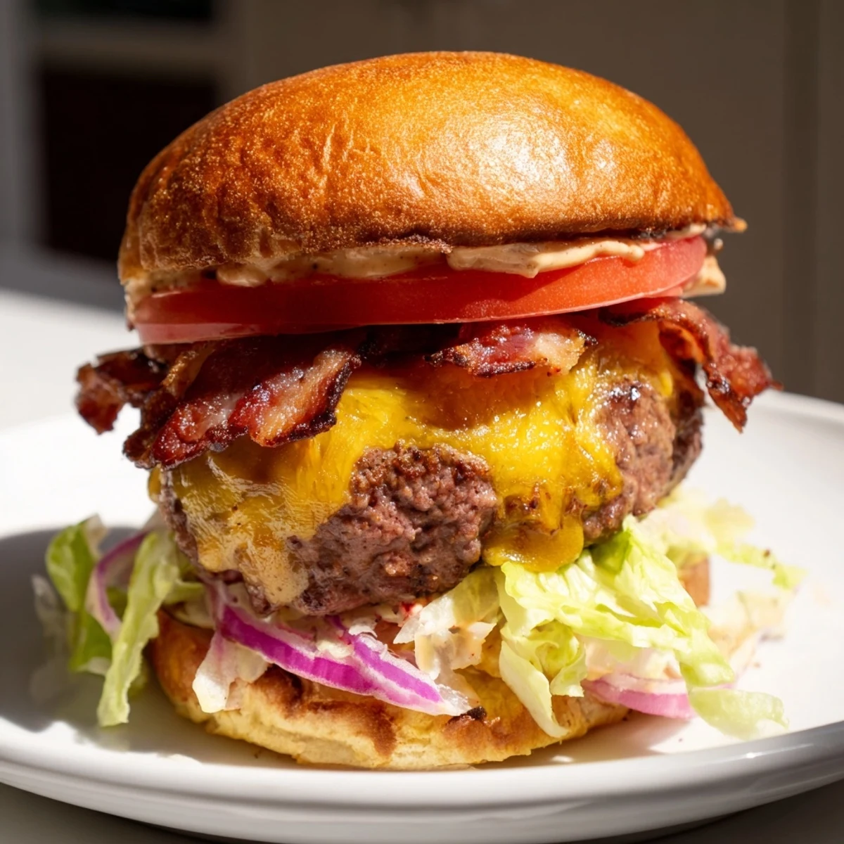 Juicy crack burger with melted cheddar, crispy bacon, and creamy ranch sauce on toasted brioche bun