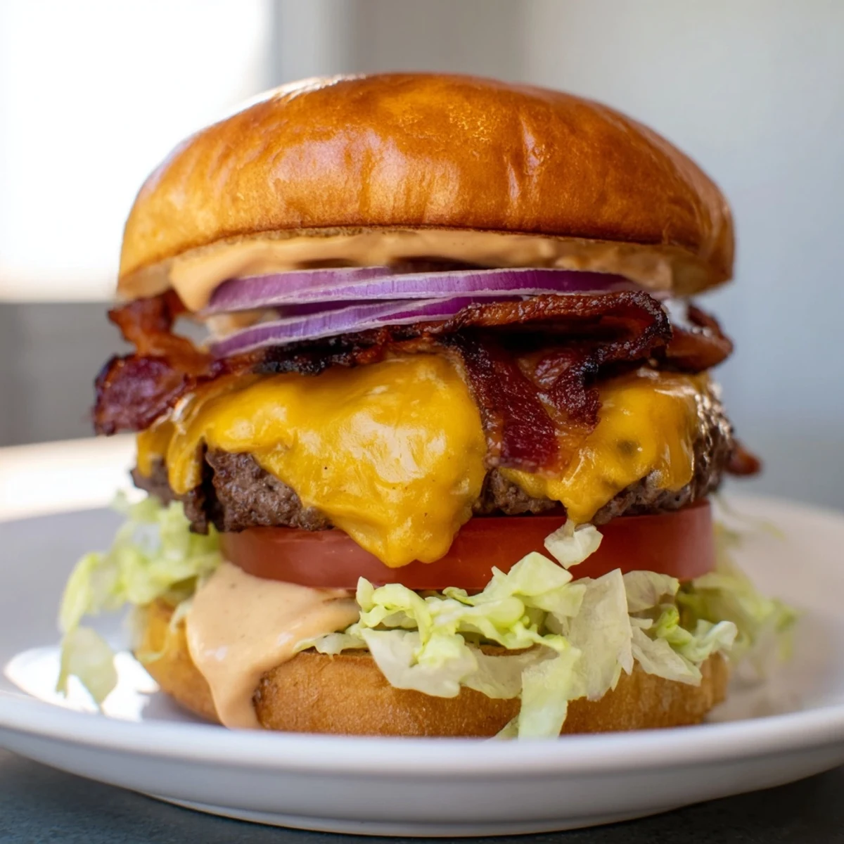 Stacked crack burger featuring layered toppings, tangy crack sauce, and golden sesame bun against dark background