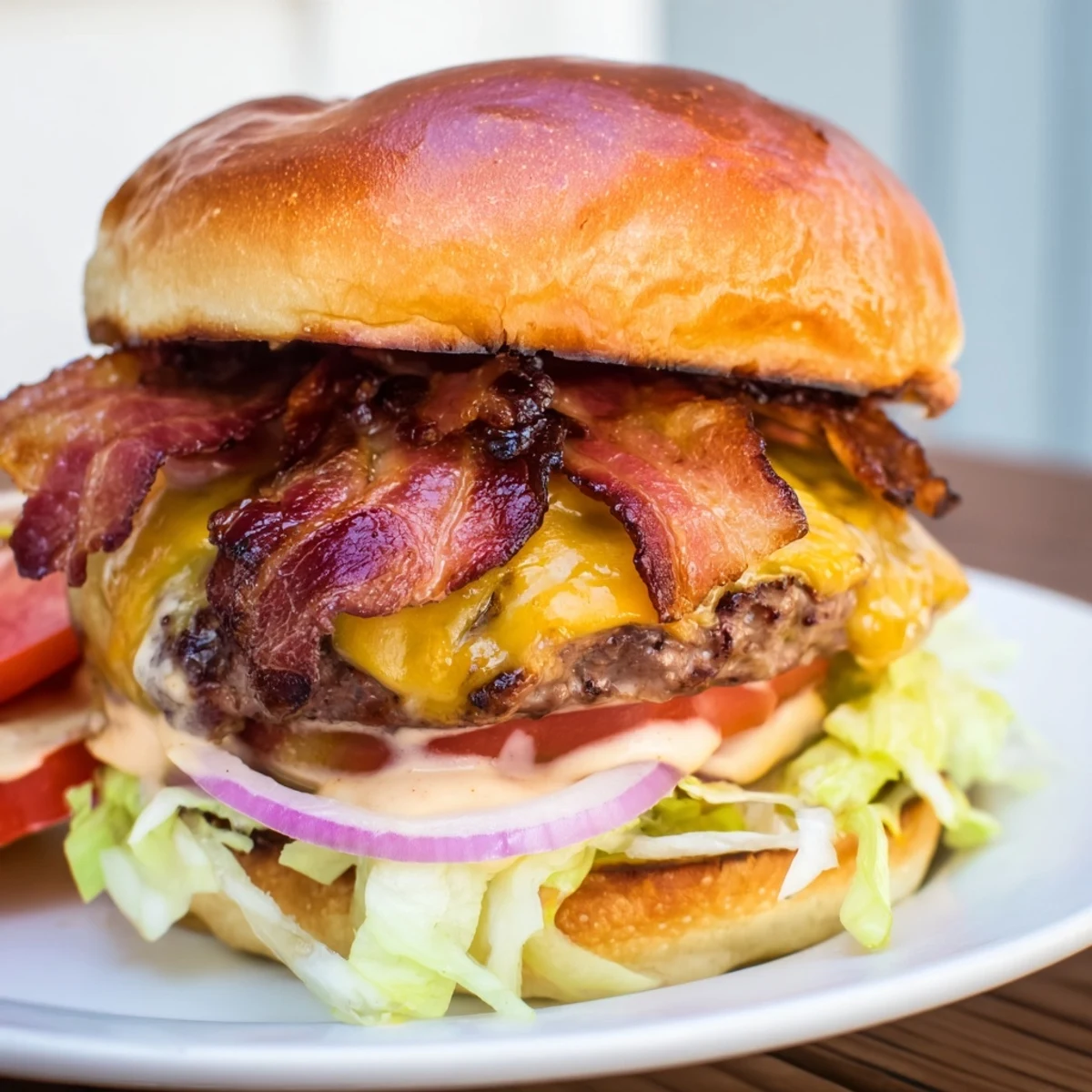 Bite into this indulgent crack burger oozing cheese sauce with lettuce, tomato, and thick-cut bacon slices