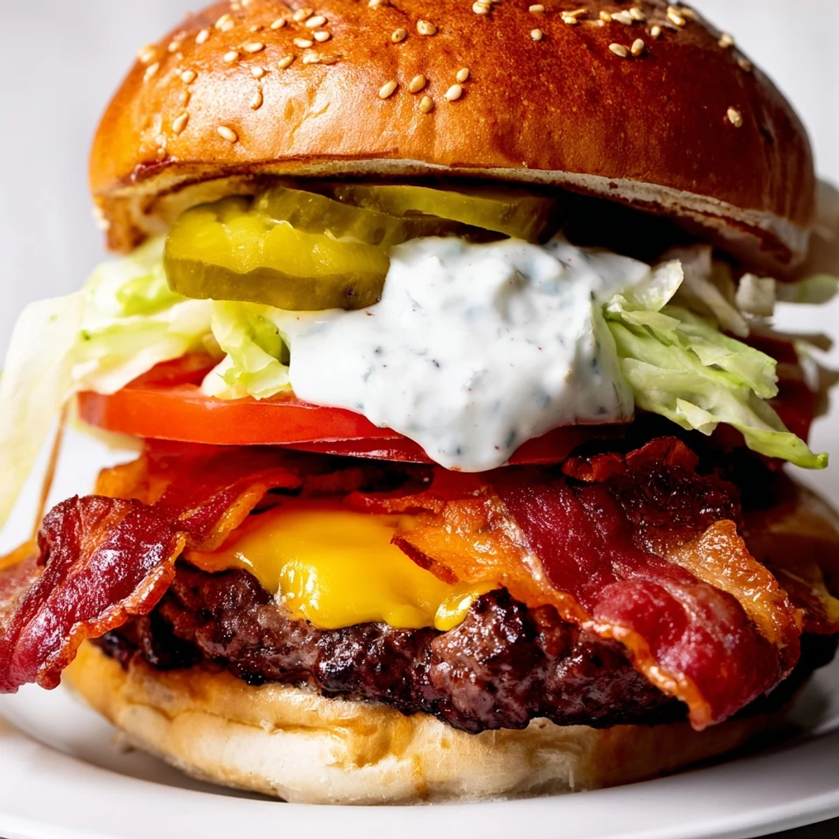 Homemade Crack Burgers featuring grilled beef patties topped with cheese, bacon, fresh vegetables, and creamy special sauce