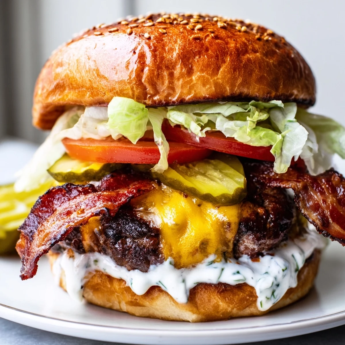 Juicy Crack Burgers stacked with crispy bacon, melted cheddar, and zesty ranch-mayo sauce on toasted brioche buns
