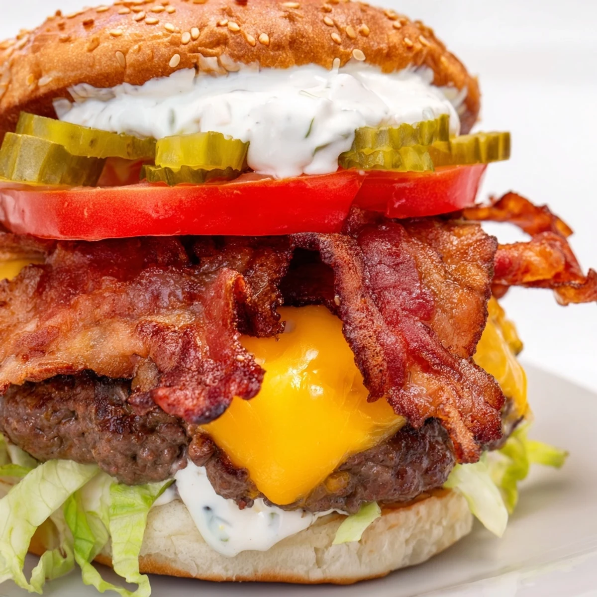 Golden Crack Burgers loaded with savory toppings including melted cheddar, crispy bacon slices, lettuce, tomato, and tangy crack sauce