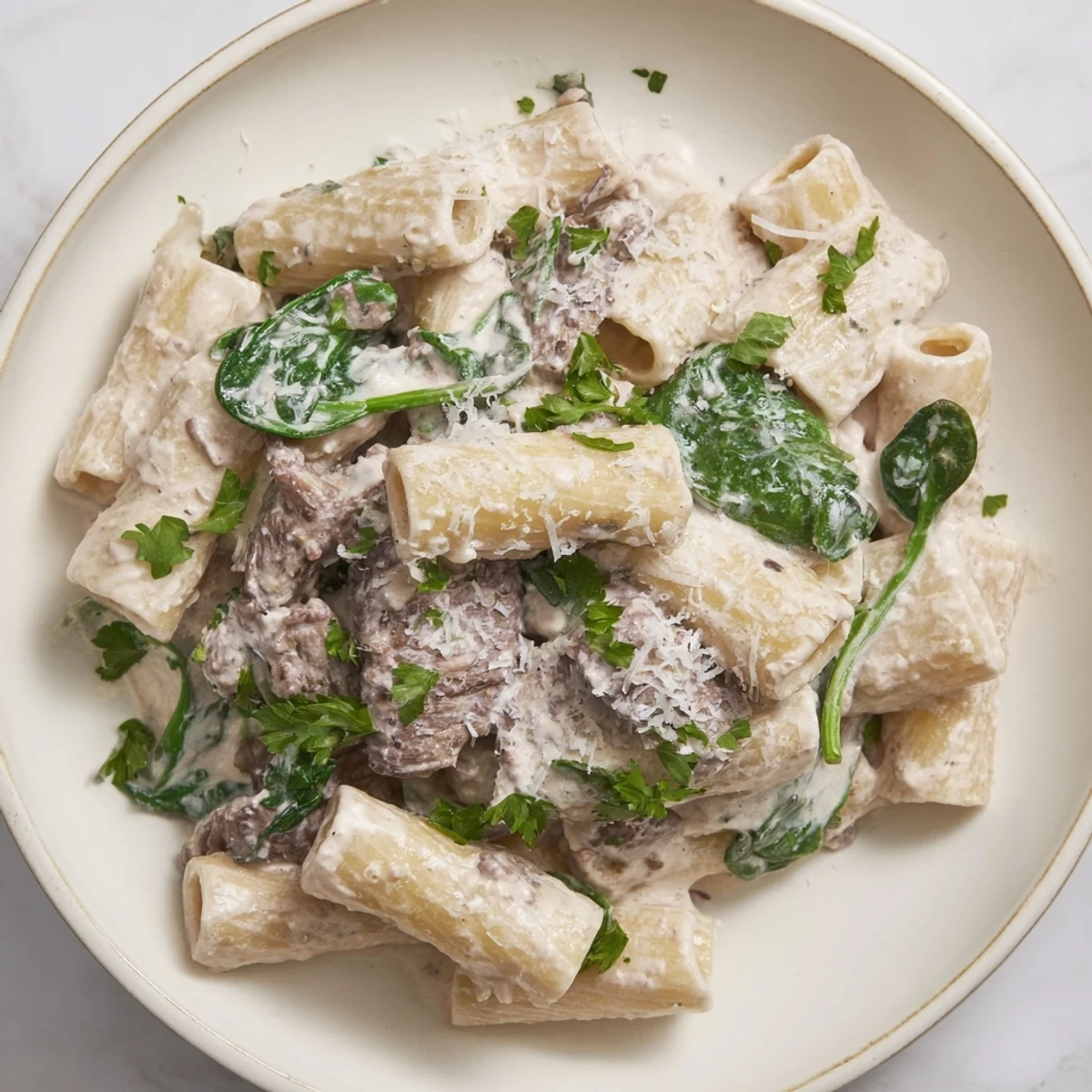 Creamy high protein beef pasta tossed in a rich white sauce with tender sliced beef and fresh wilted spinach