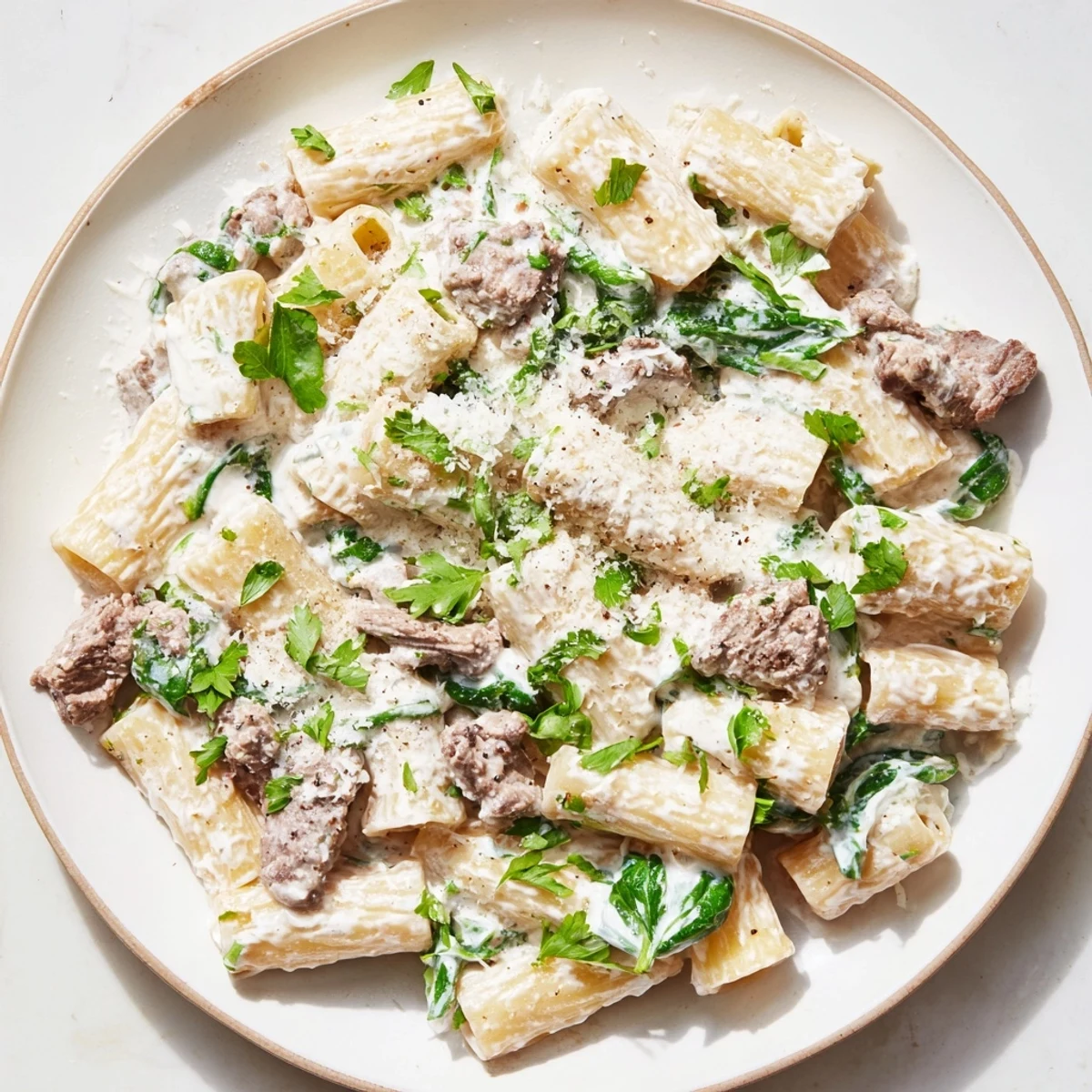 Garnished creamy high protein beef pasta with parmesan and parsley showcasing a hearty wholesome American Italian fusion dinner
