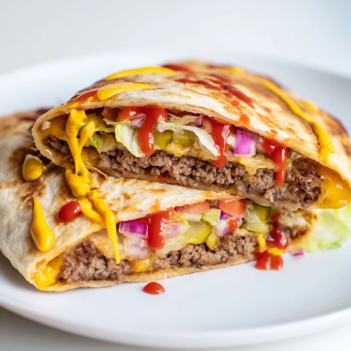 Two flour tortillas pressed together with cheddar mozzarella and browned ground beef smashburger patties sandwiched between layers