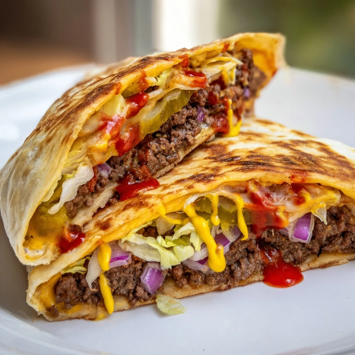 A handheld smashburger quesadilla half on a white plate topped with shredded lettuce diced pickles and classic condiments