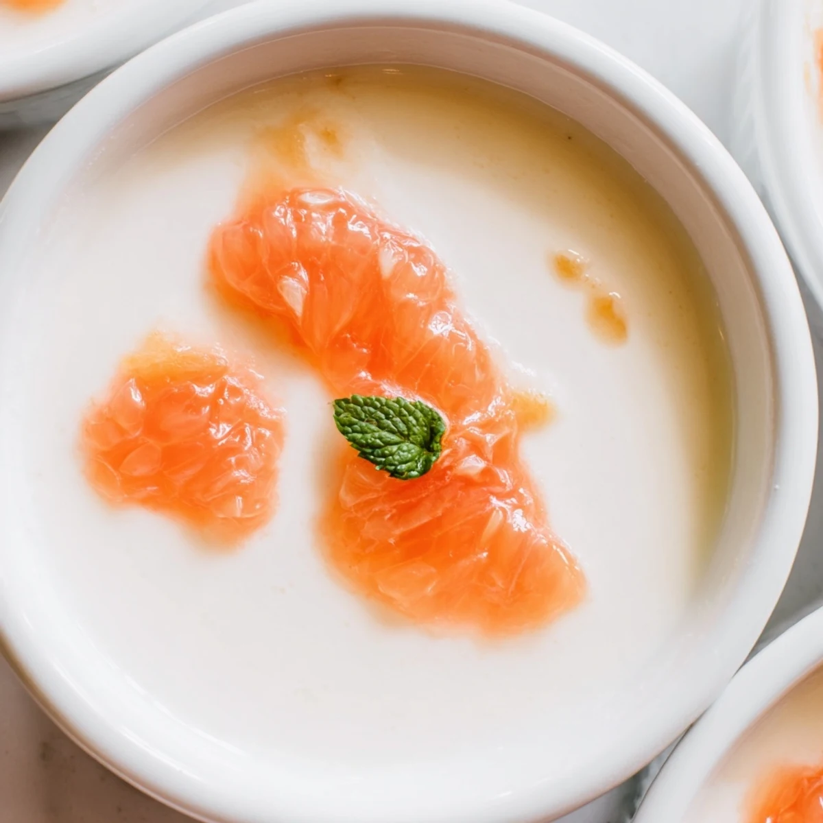 Creamy Italian grapefruit panna cotta dessert garnished with bright grapefruit wedges on white plate