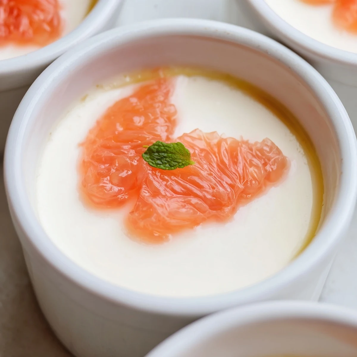 Elegant grapefruit panna cotta chilled in clear glass with juicy citrus topping and green mint