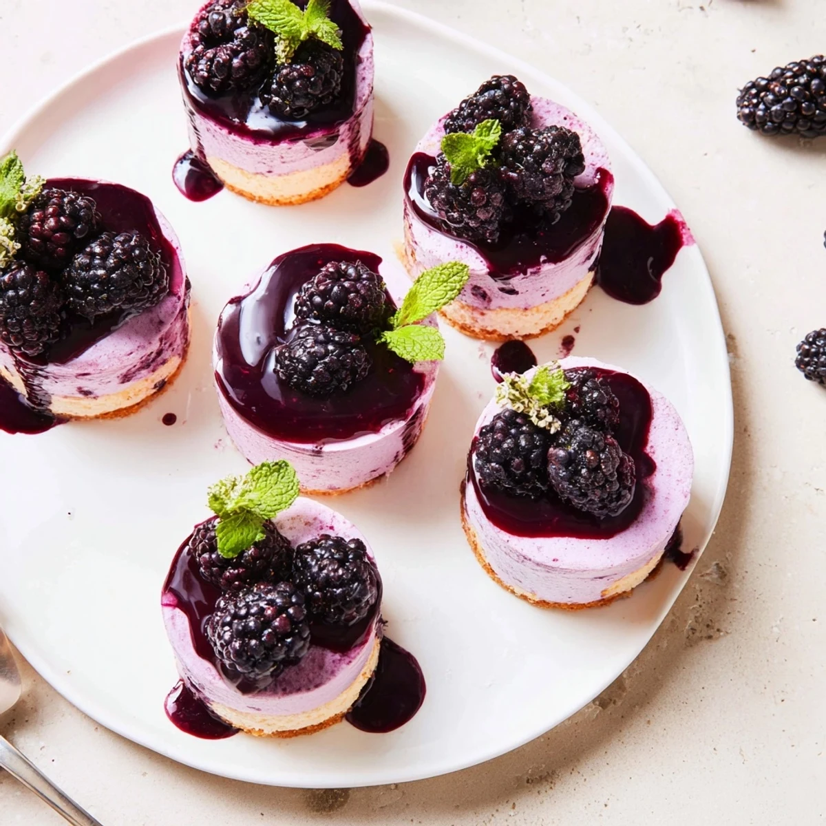 Glossy mini blackberry mousse cakes topped with fresh berries on white dessert plate