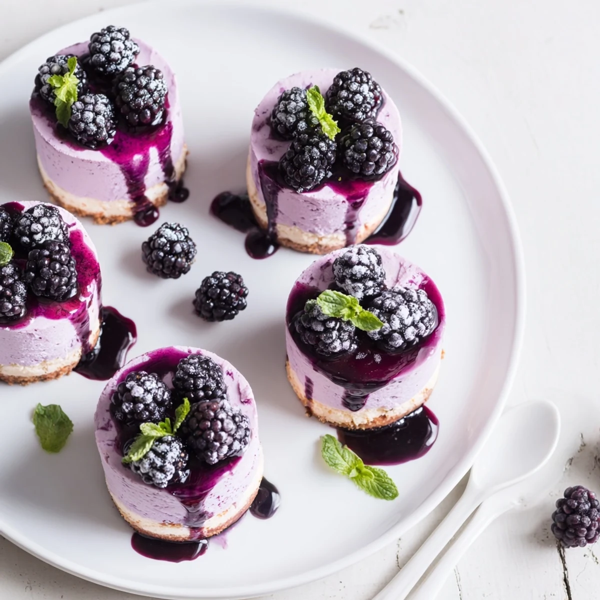 Individual purple blackberry mousse desserts with sponge base and mirror glaze