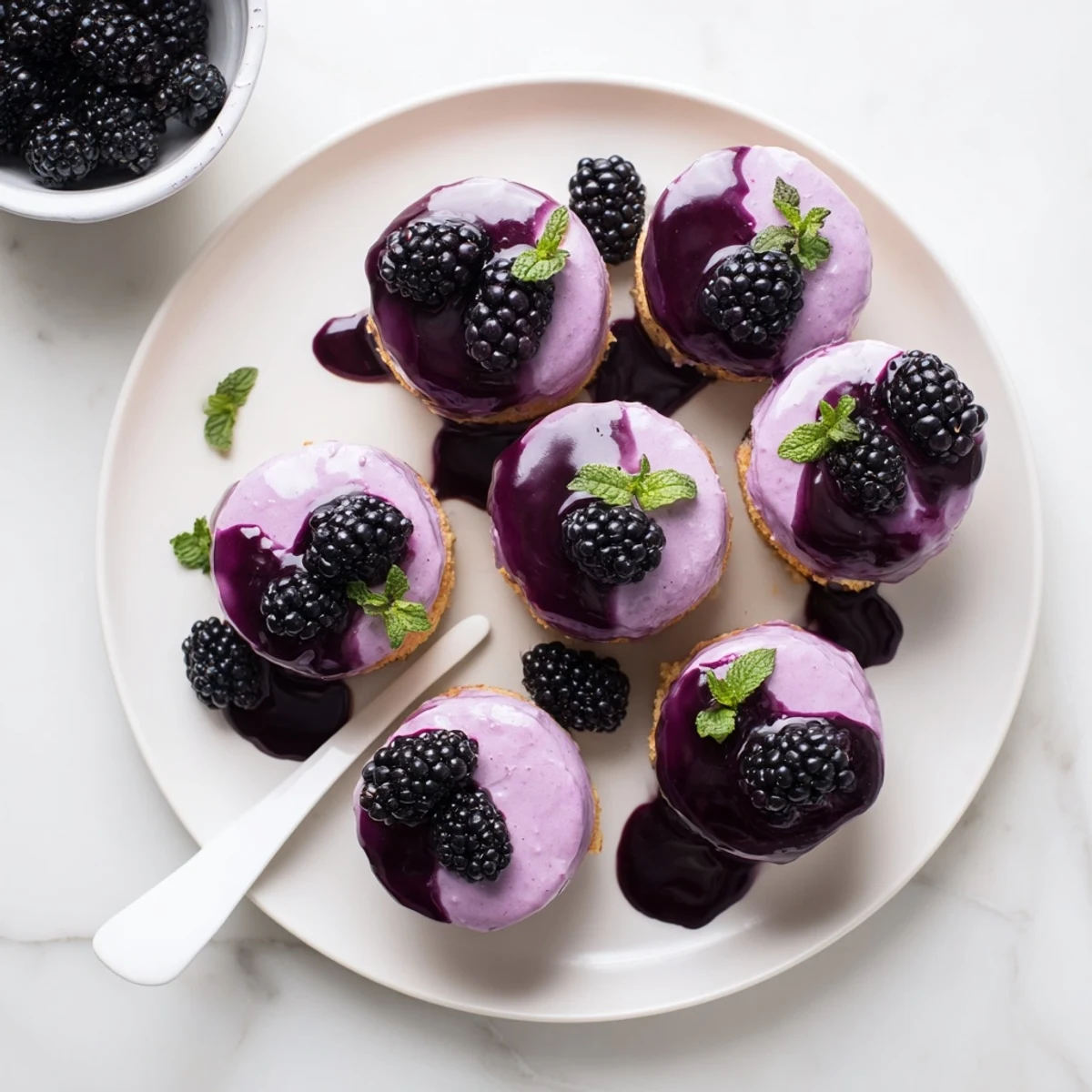Elegant petite blackberry mousse cakes garnished with mint for summer serving