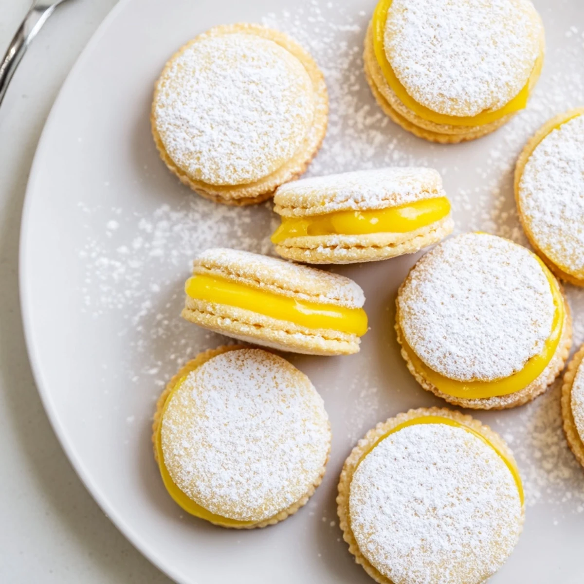Golden vegan lemon sandwich cookies filled with bright yellow homemade curd on white plate