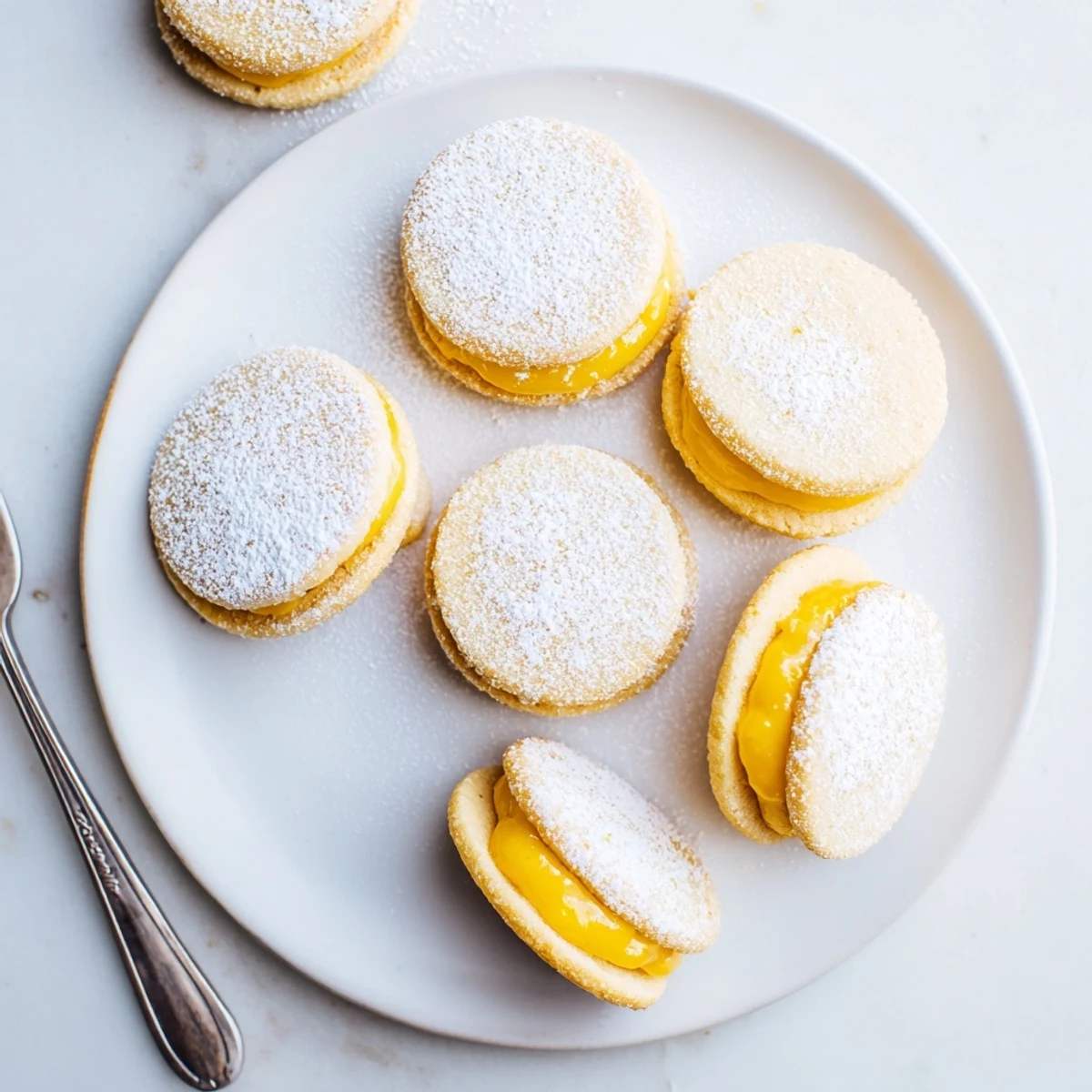 Two delicate lemon sandwich cookies with creamy vegan curd filling dusted with powdered sugar