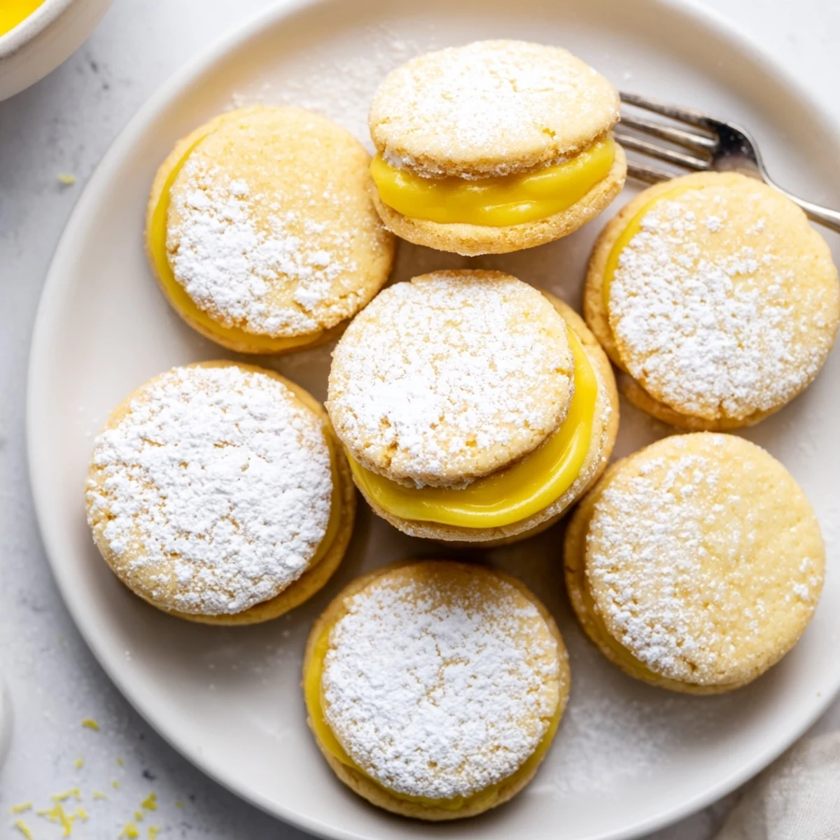 Close-up of gluten-free lemon sandwich cookies showcasing tangy curd between soft baked rounds