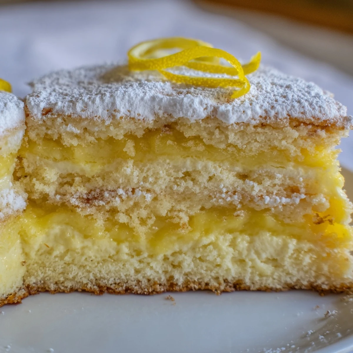Golden slice of Italian Grandmas Lemon Custard Cake revealing creamy lemon filling between light fluffy layers dusted with powdered sugar