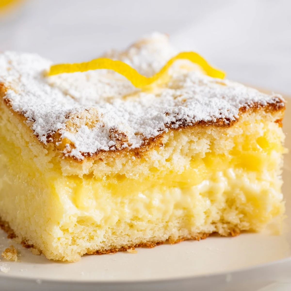 Two-layer Italian Grandmas Lemon Custard Cake topped with fresh lemon curls on a white serving plate with powdered sugar garnish