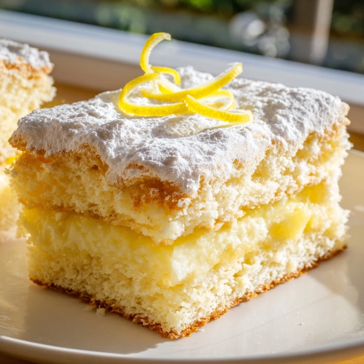 Cross-section of Italian Grandmas Lemon Custard Cake showcasing silky bright yellow custard sandwiched between tender vanilla cake layers