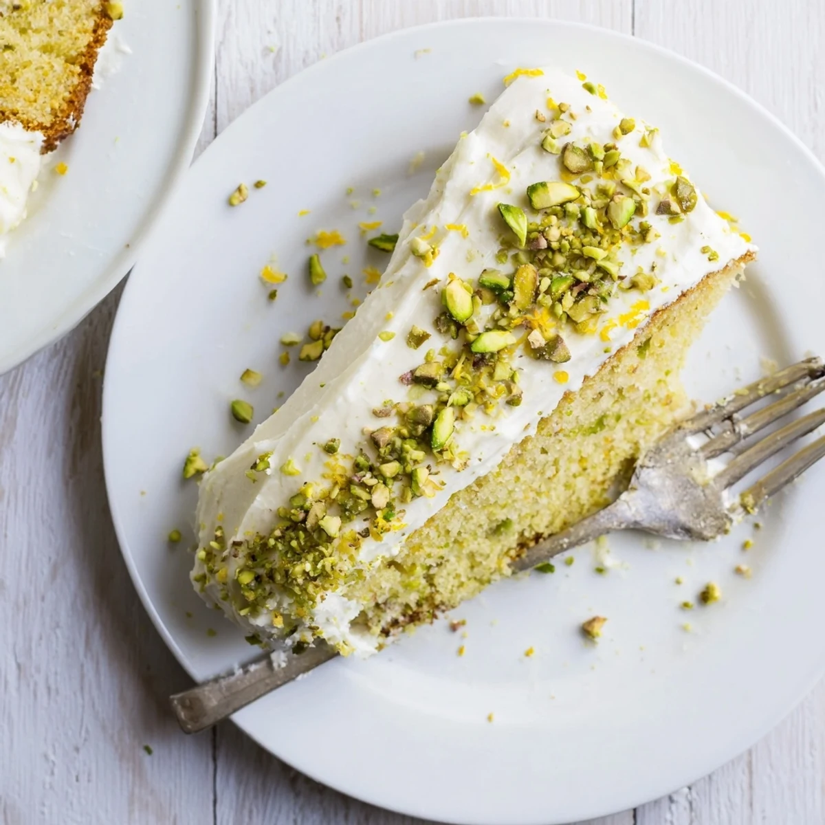 Golden lemon pistachio cake slice topped with creamy white mascarpone frosting and chopped pistachios
