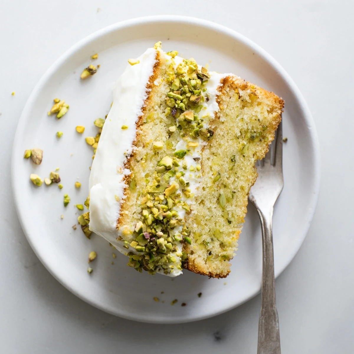 Elegant lemon pistachio cake with fluffy mascarpone frosting garnished with green pistachio pieces on white plate