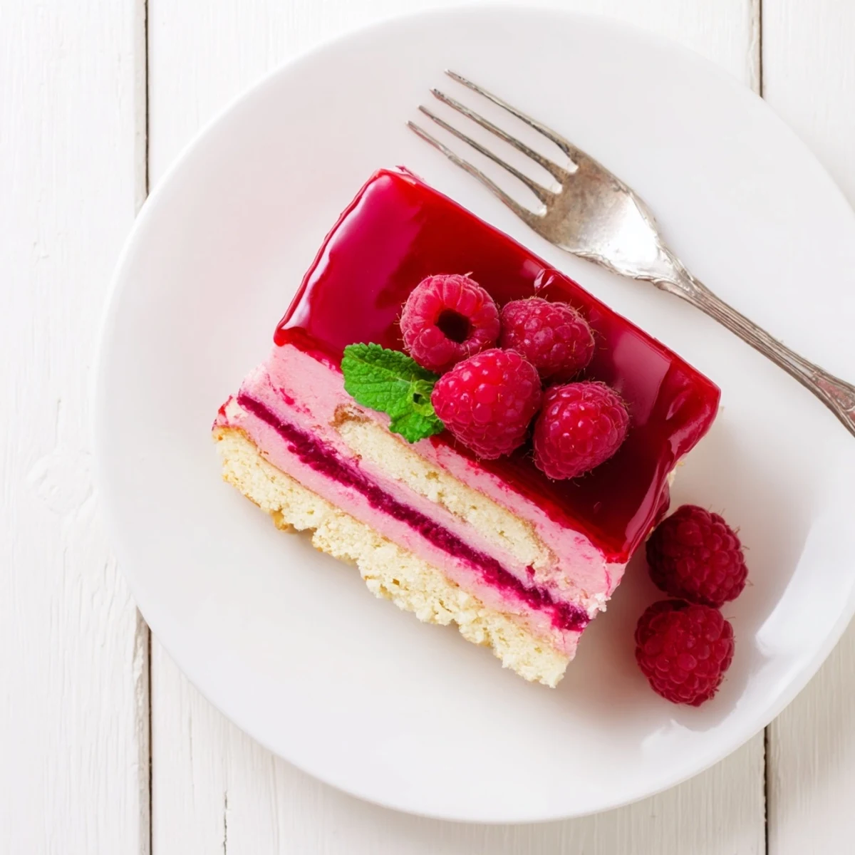 Elegant raspberry mousse cake with fluffy almond sponge base and glossy raspberry glaze topping