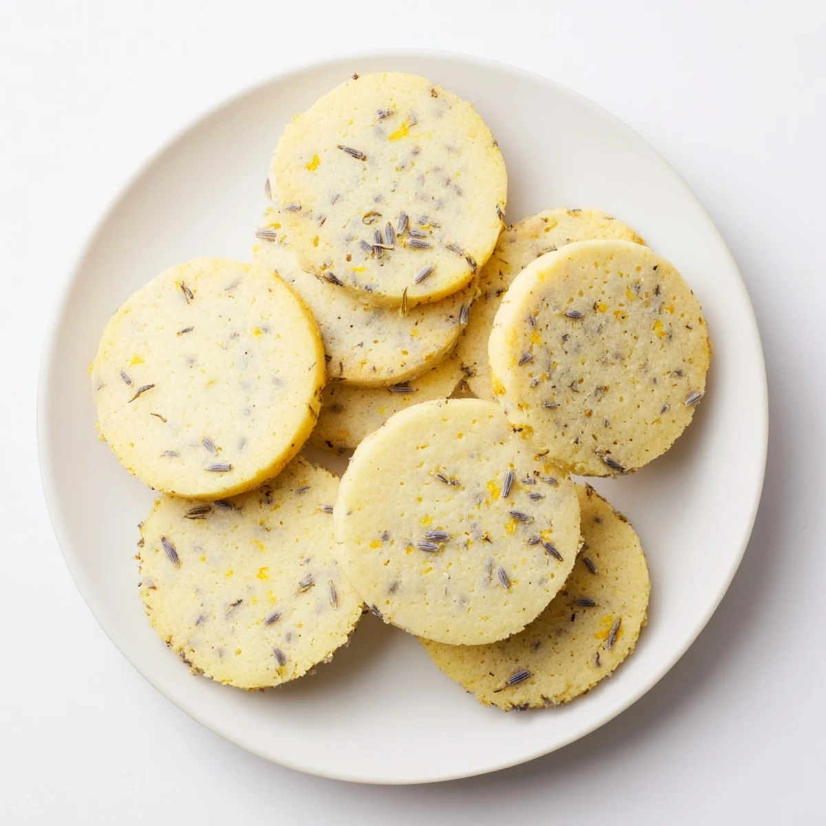 Buttery lemon lavender cookies arranged on a white plate with fresh lemon wedges