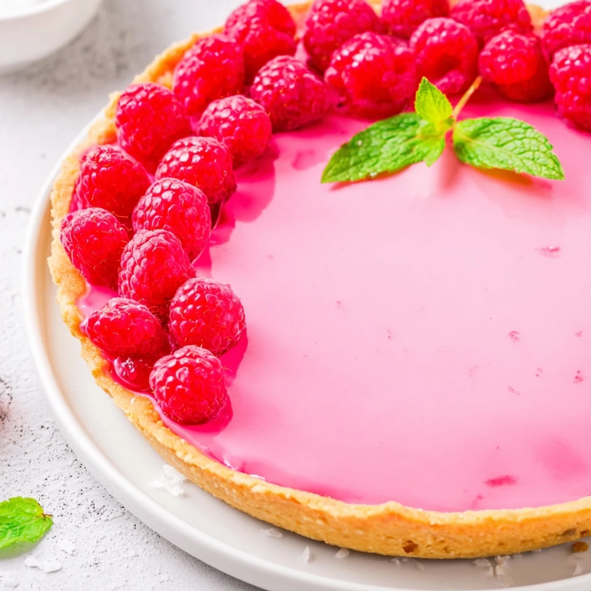 Fresh raspberry curd nestled in flaky golden vegan tart shells garnished with mint leaves and powdered sugar