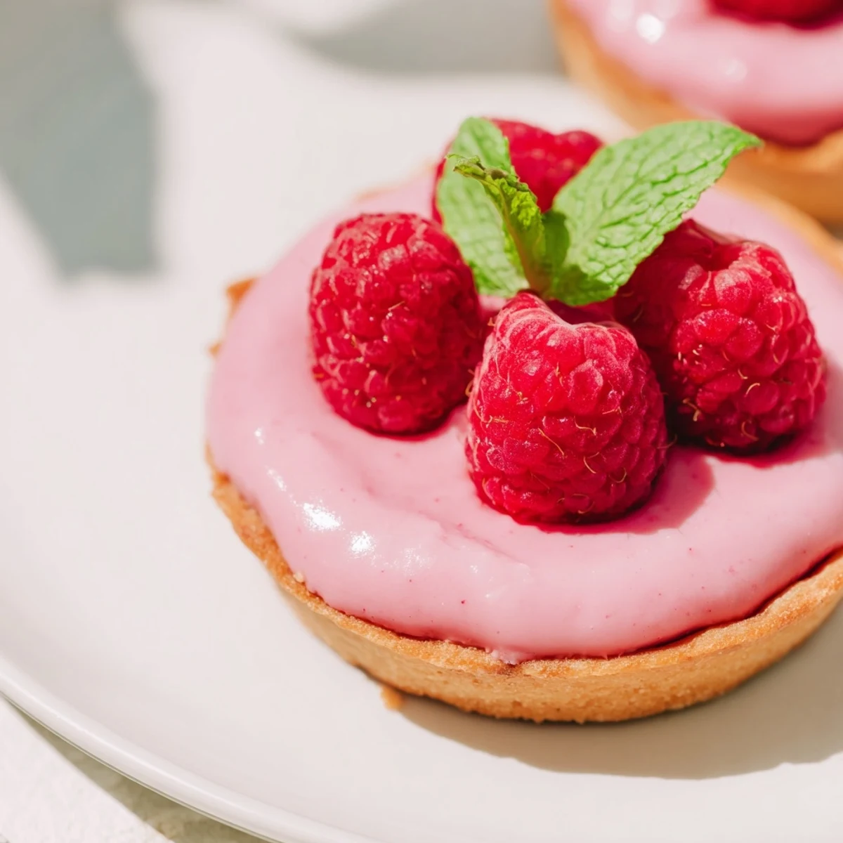 Vegan raspberry curd tarts featuring bright pink velvety coconut cream filling inside delicate homemade vegan pastry crusts