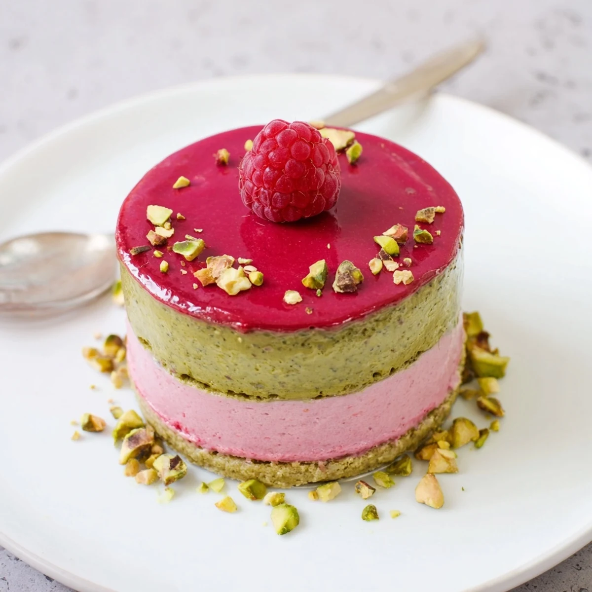 Mini raspberry pistachio mousse cakes with glossy raspberry glaze and chopped pistachios on white plate