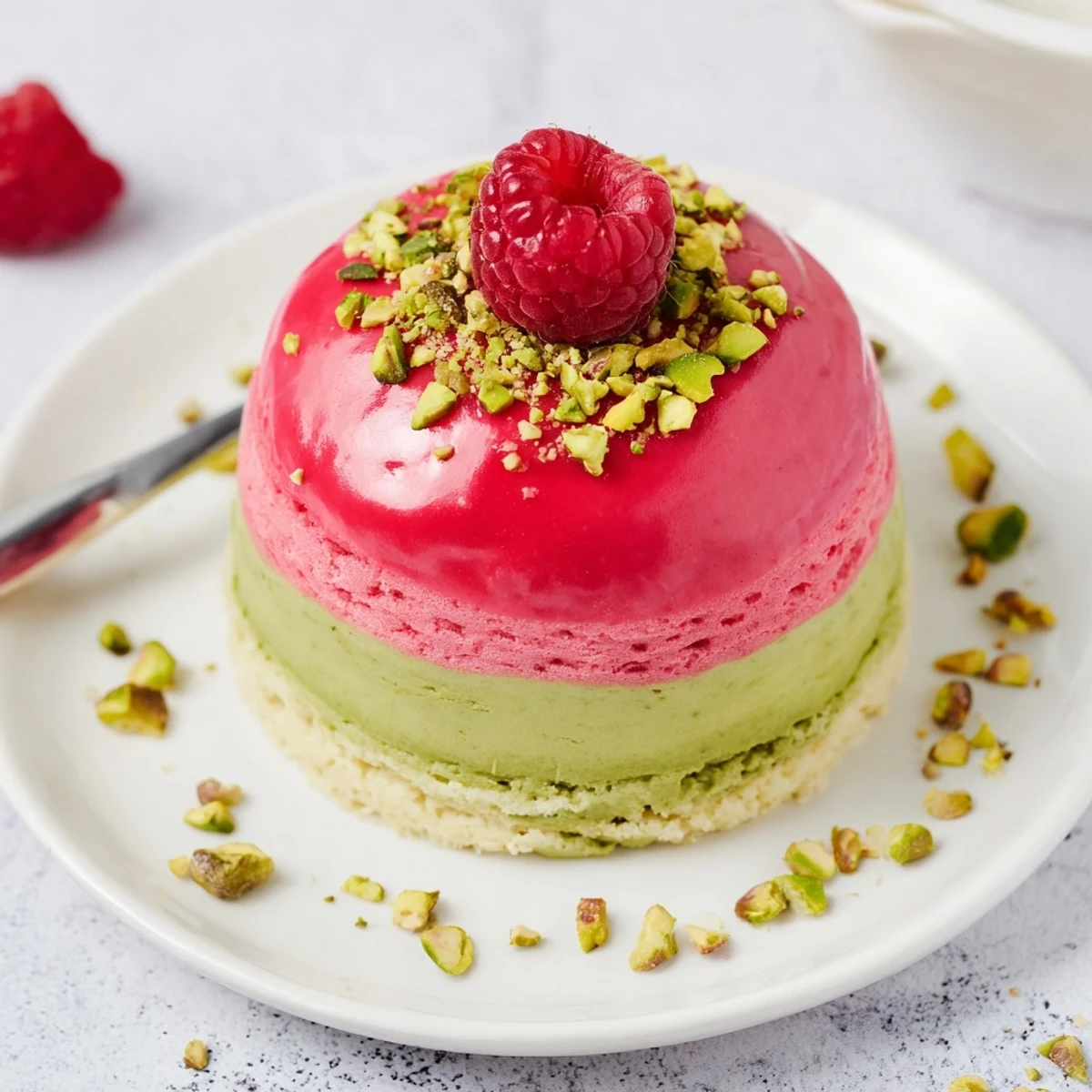 Two-tiered mini raspberry pistachio mousse cakes showcasing vibrant pink raspberry layer atop green pistachio mousse