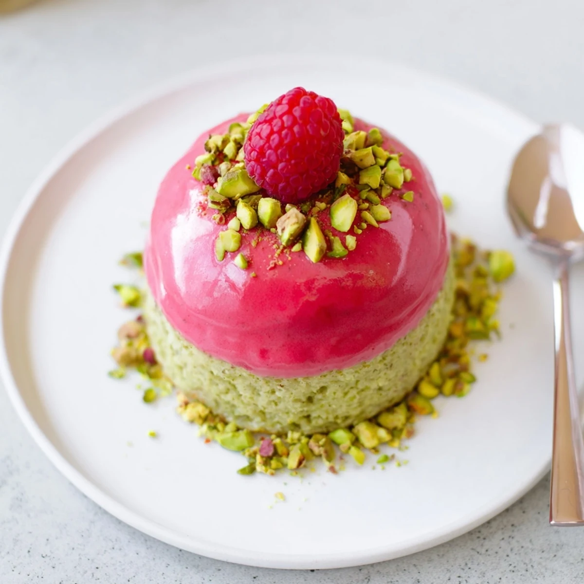 Individual raspberry pistachio mousse cakes garnished with fresh raspberries and crunchy pistachio pieces on serving tray