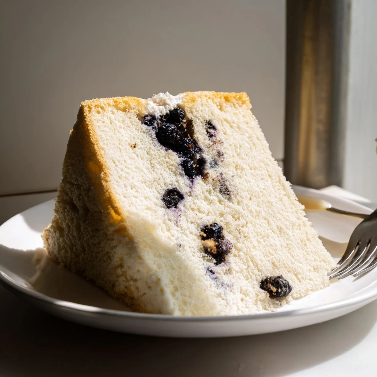 Golden fluffy blueberry chiffon cake with fresh berries baked into light airy sponge