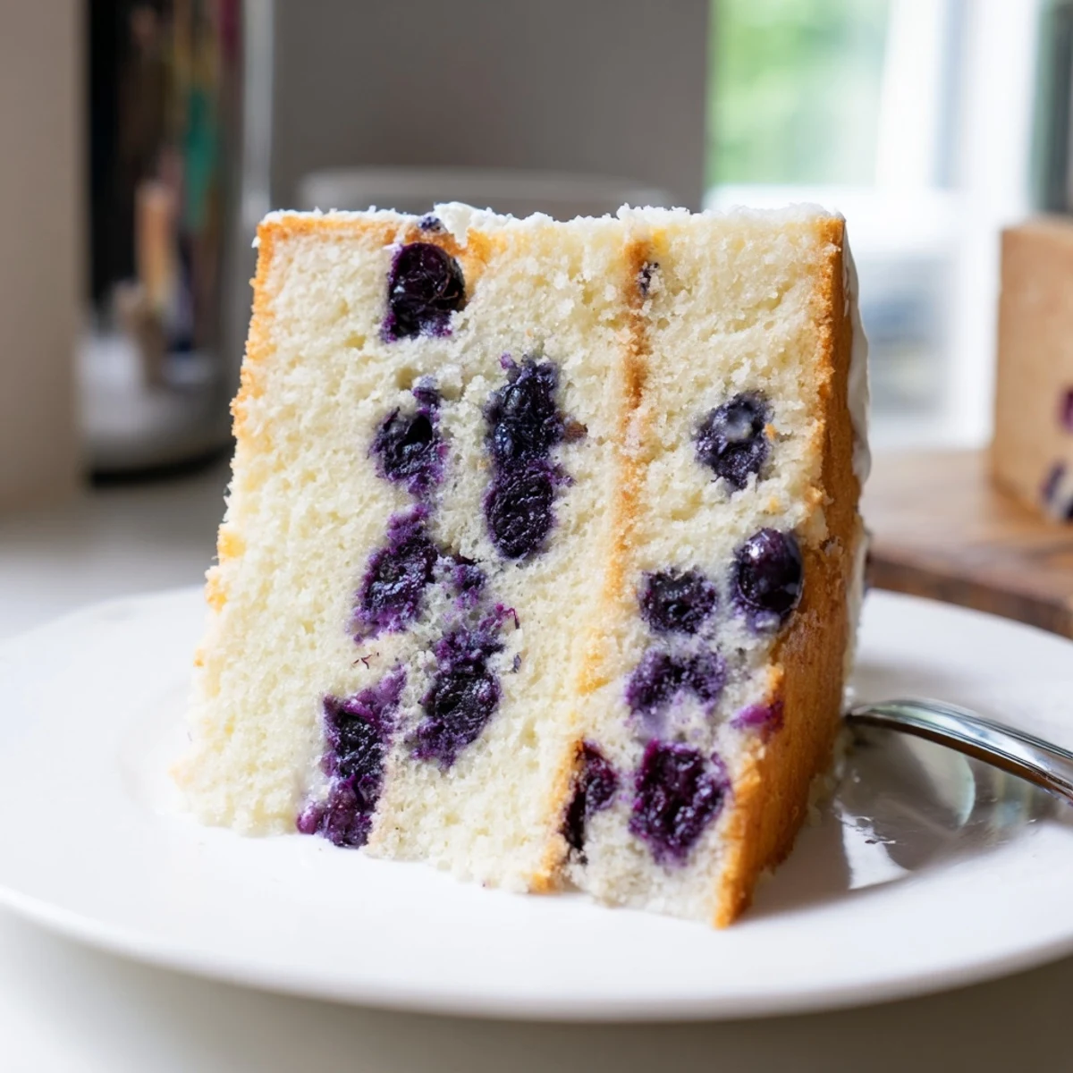 Inverted chiffon pan cooling fluffy blueberry cake ready for release onto serving plate