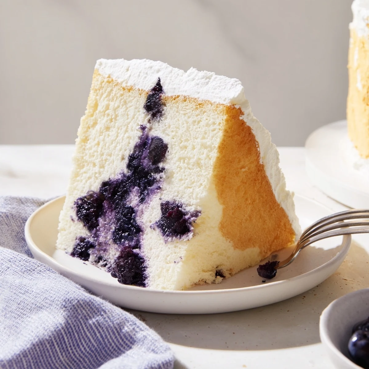 Tall slice of blueberry chiffon cake studded with juicy berries on white plate