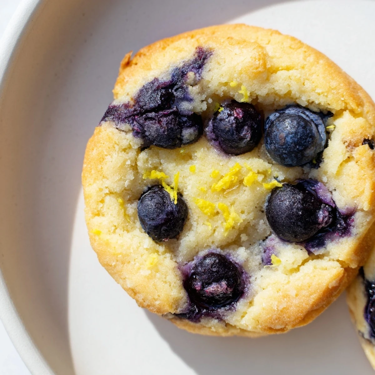 Golden lemon blueberry cheesecake cookies dotted with juicy blueberries on a white baking sheet