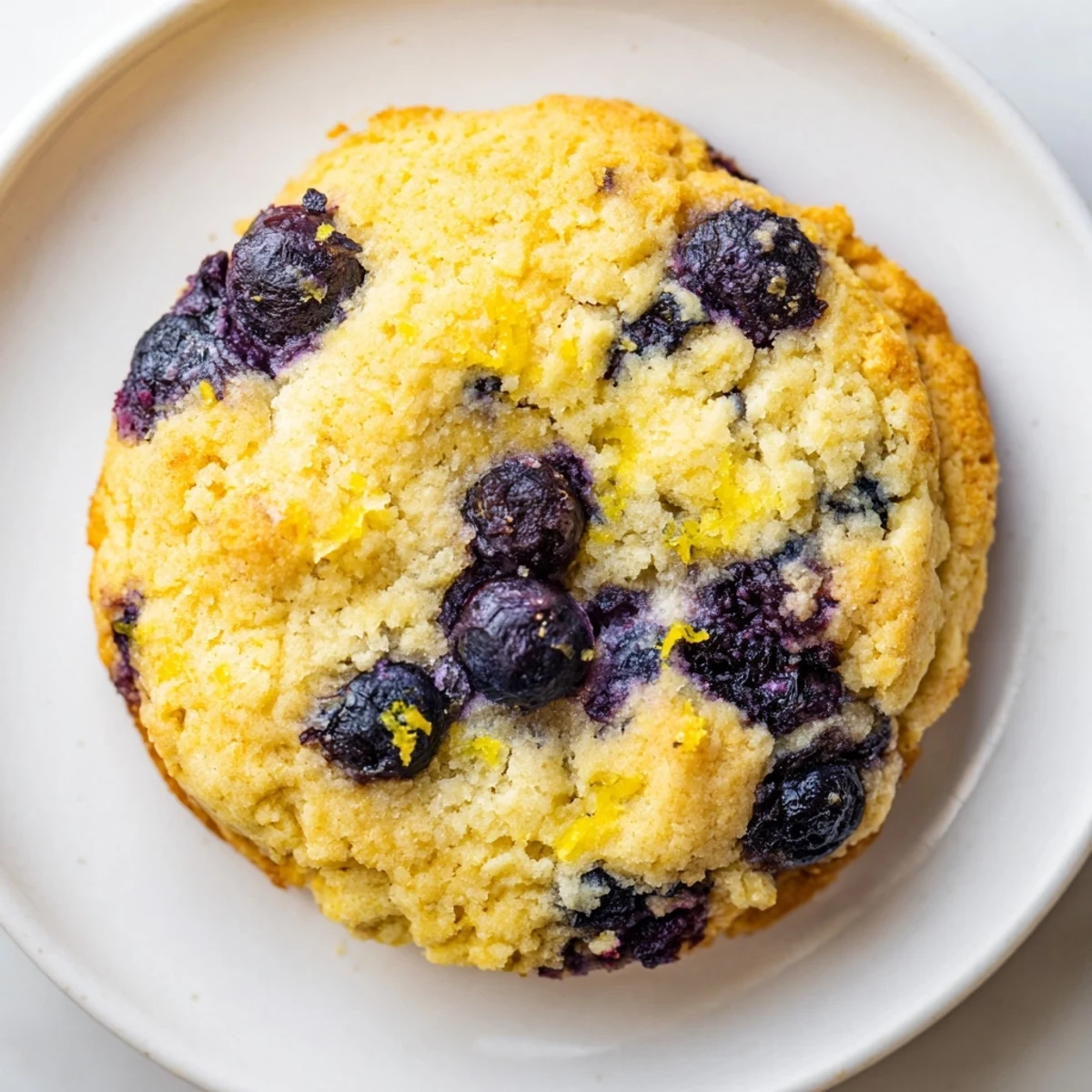 Close up of lemon blueberry cheesecake cookies with golden edges and purple blueberries