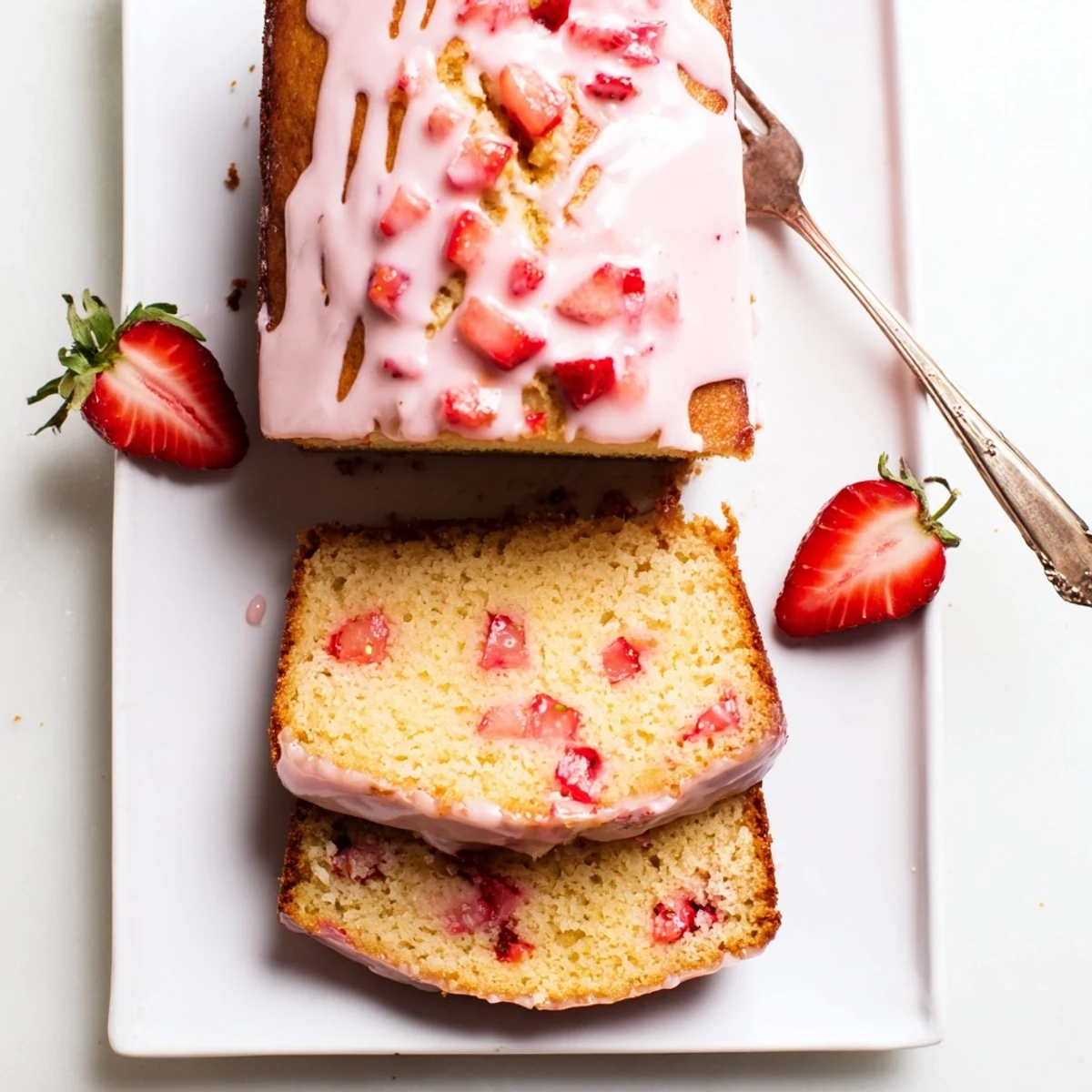 Golden slice of strawberry pound cake topped with pink strawberry glaze on a white plate