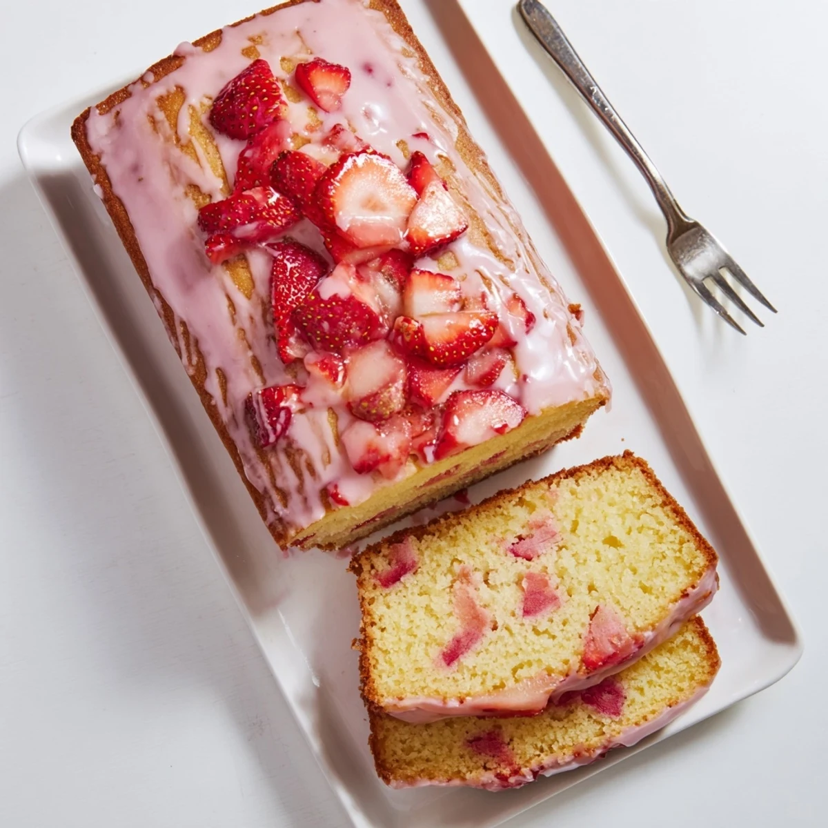 Moist buttery strawberry pound cake with fresh red berries baked inside and sweet drizzle