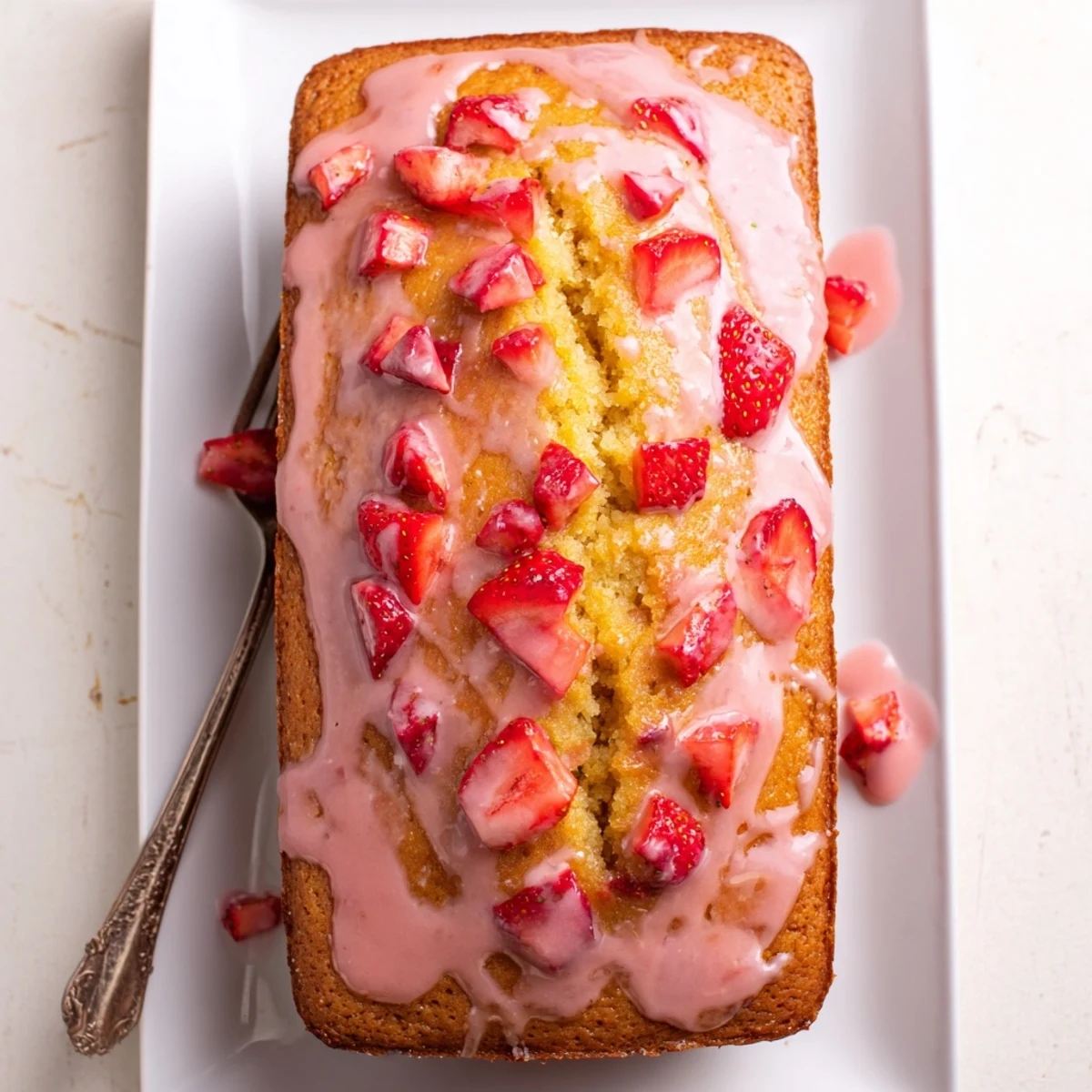 Homemade strawberry pound cake loaf with glossy strawberry glaze drizzled over the golden crust