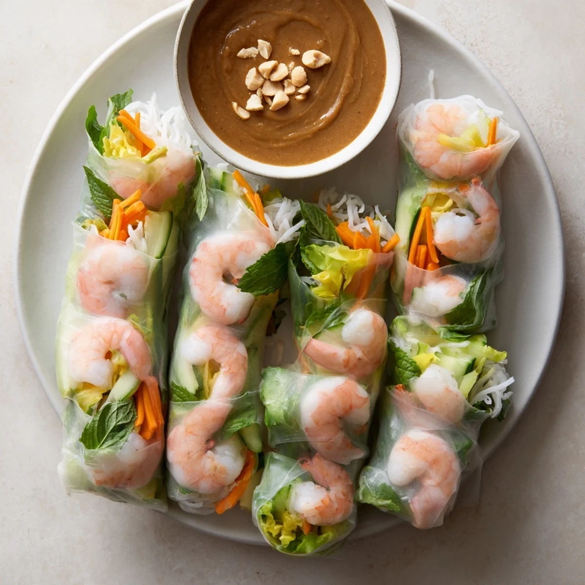 Homemade Vietnamese spring rolls arranged on platter with crisp carrots, cucumber, mint, and creamy peanut dipping sauce